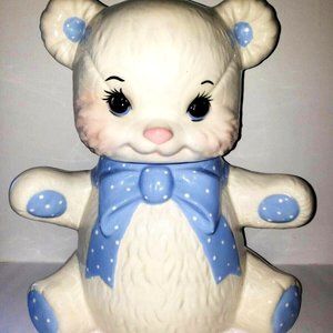 Teddy Bear Blue Ribbon Hand Craft by Cresteramics Creston BC Cookie jar